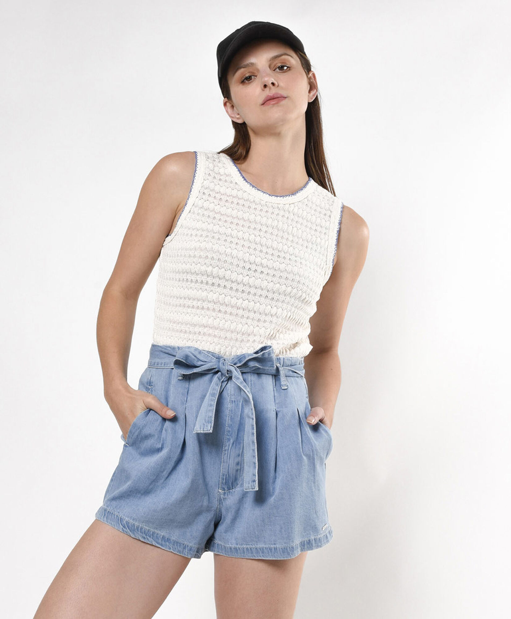 Short mujer denim plisado lazo Short mujer denim plisado lazo