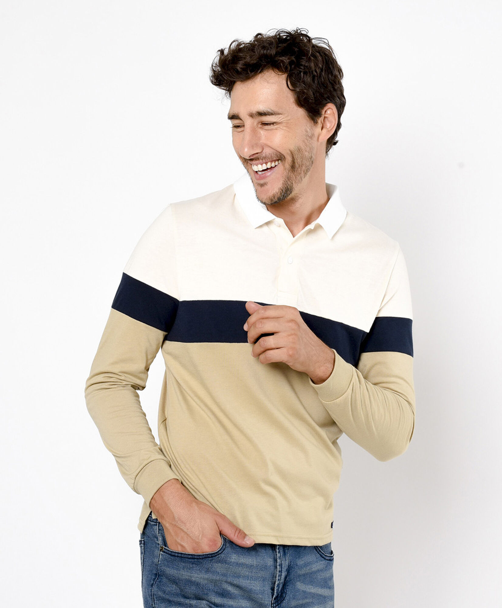 Polera hombre raya tricolor cuello piqué Polera hombre raya tricolor cuello piqué